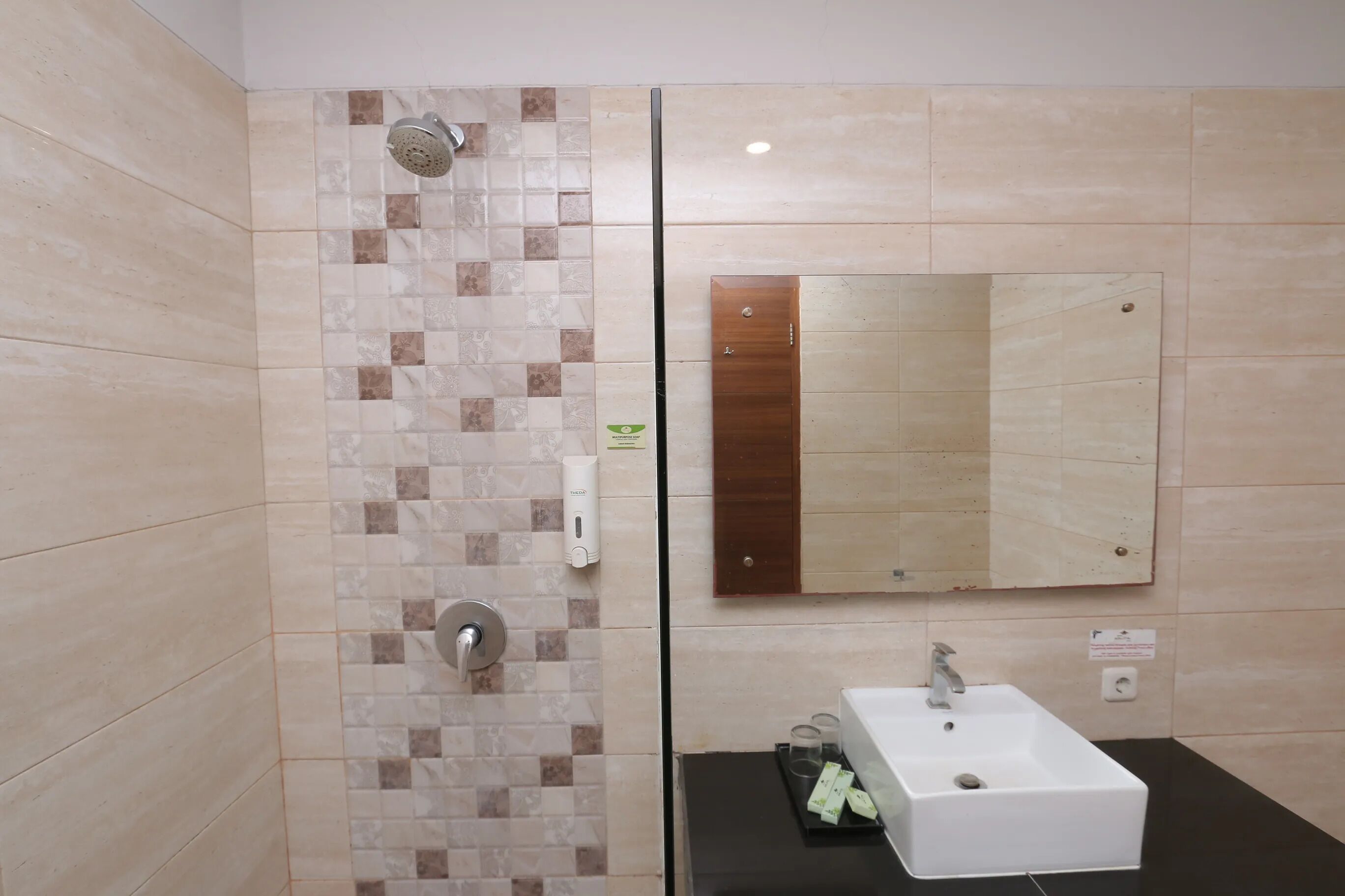 Une salle de bain équipée d’une douche, d’un lavabo, d’un miroir et d’un distributeur de savon.