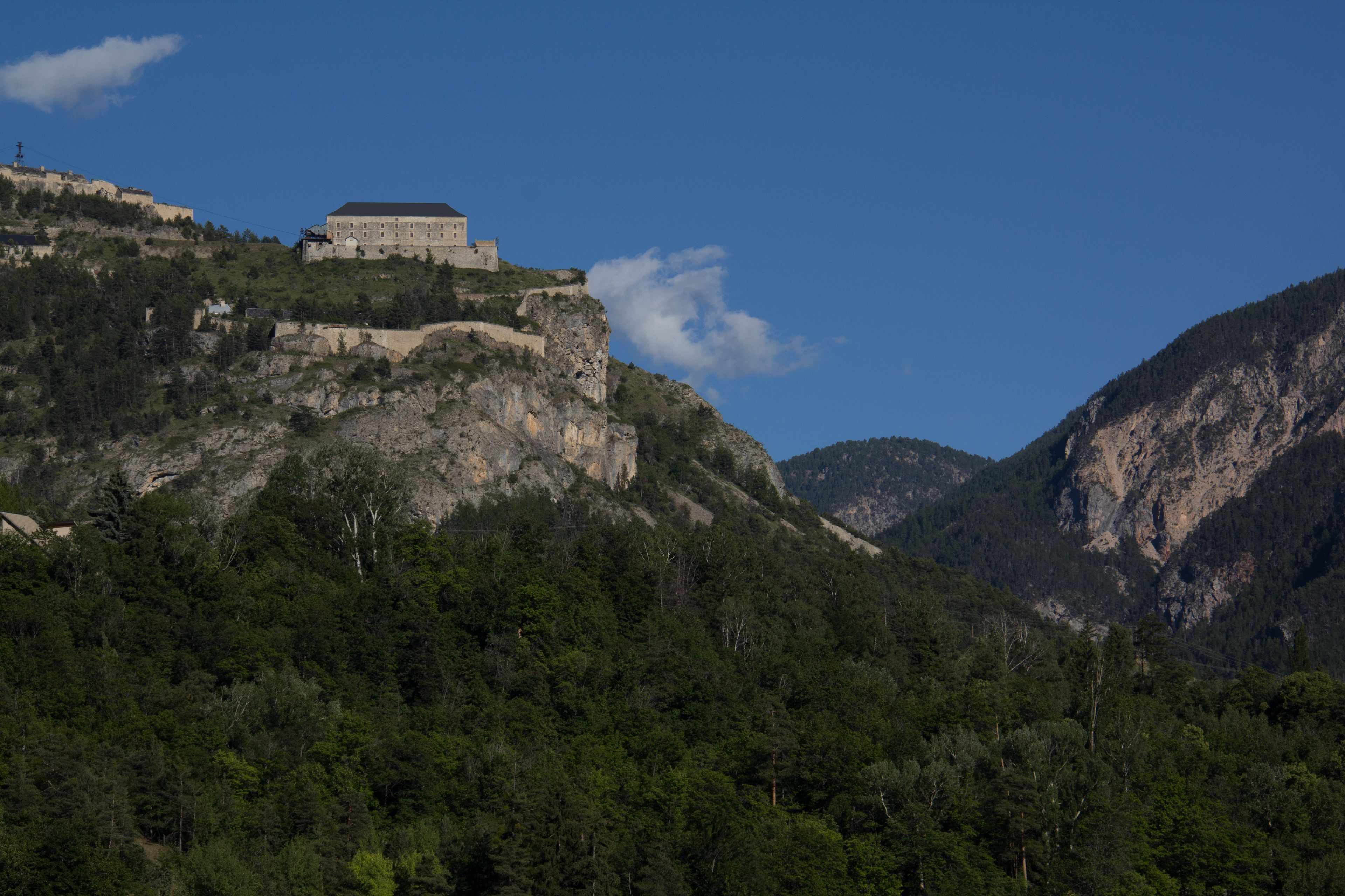A historic building on a mountain with dense forest.
