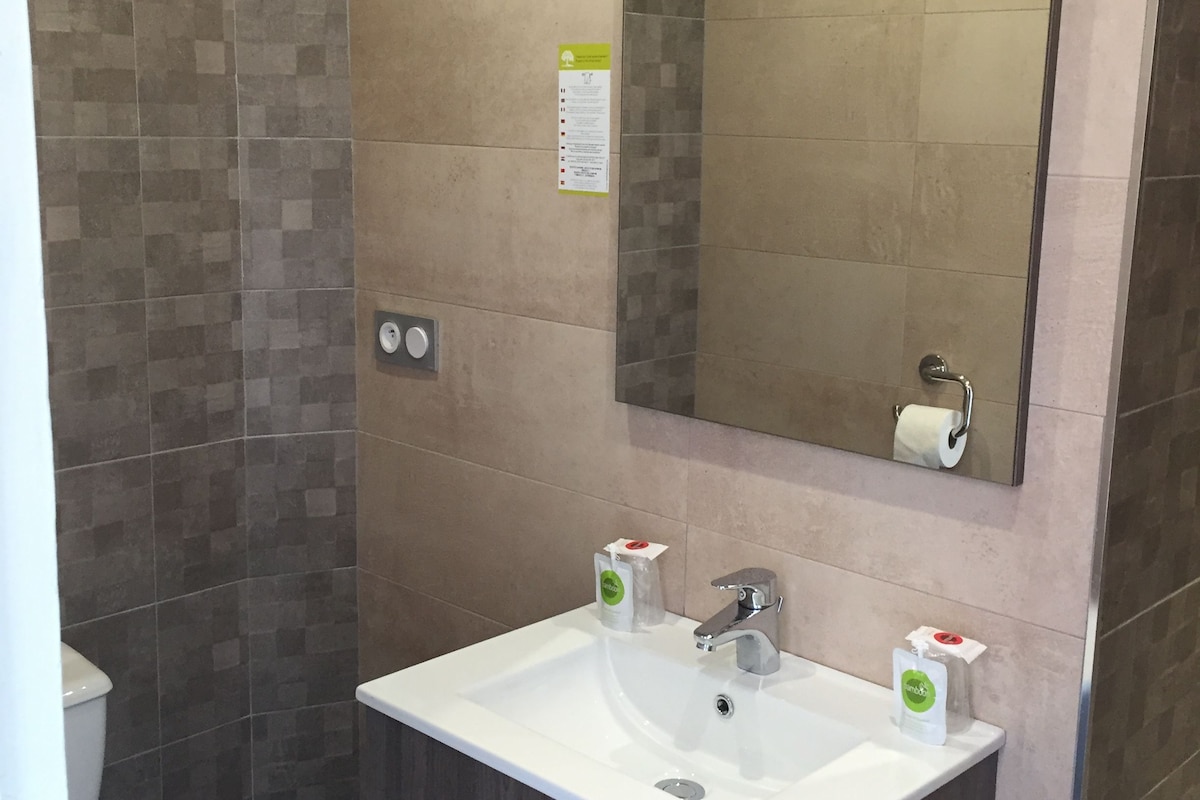 A bathroom with a white sink, a mirror, and a toilet. There are two bottles of hand soap on the sink.