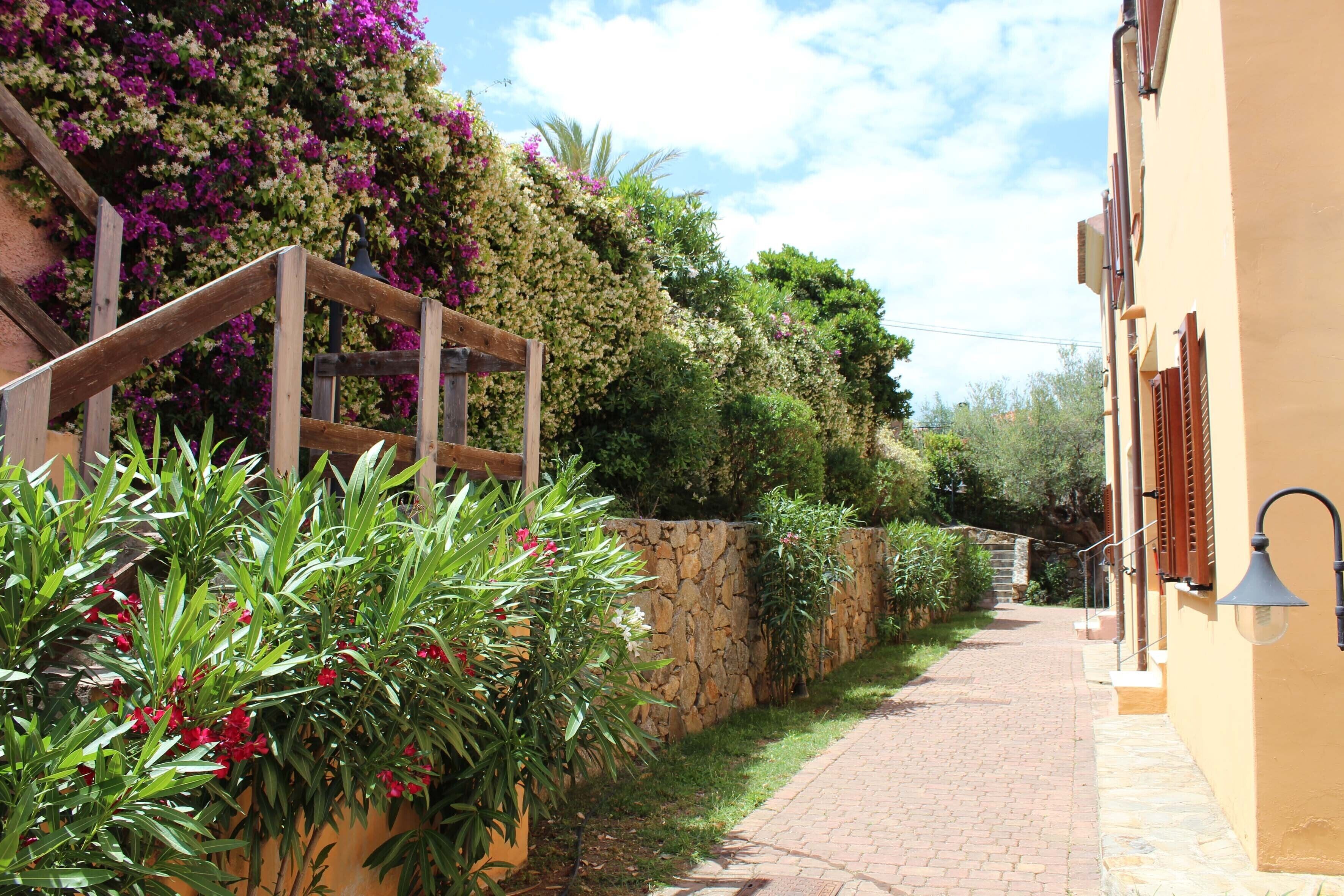 A narrow brick pathway flanked by lush greenery and a stone wall.