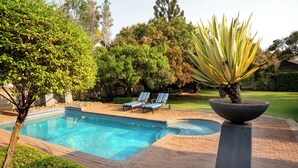 A rectangular swimming pool with two lounge chairs and a large planter in the foreground. - Klip en Kristal Guest House (Bela-Bela)