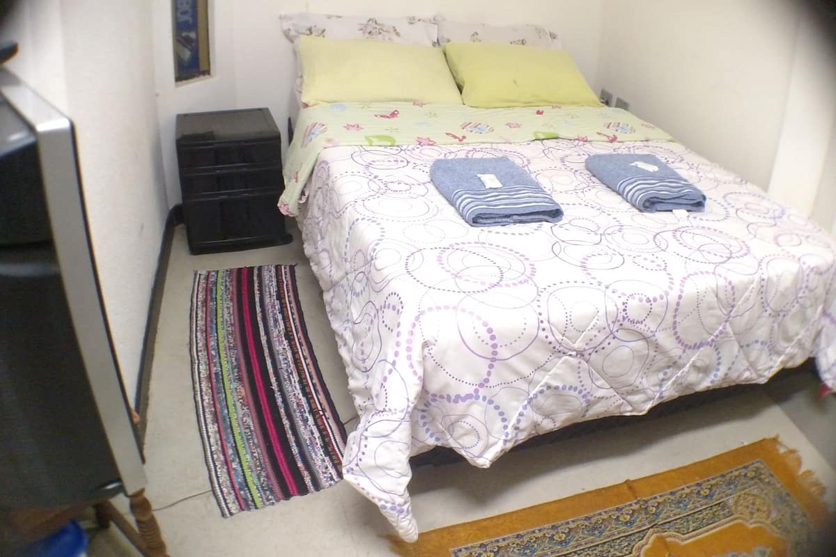 A bedroom with a bed, two pillows, a nightstand, a striped rug, and a patterned rug.