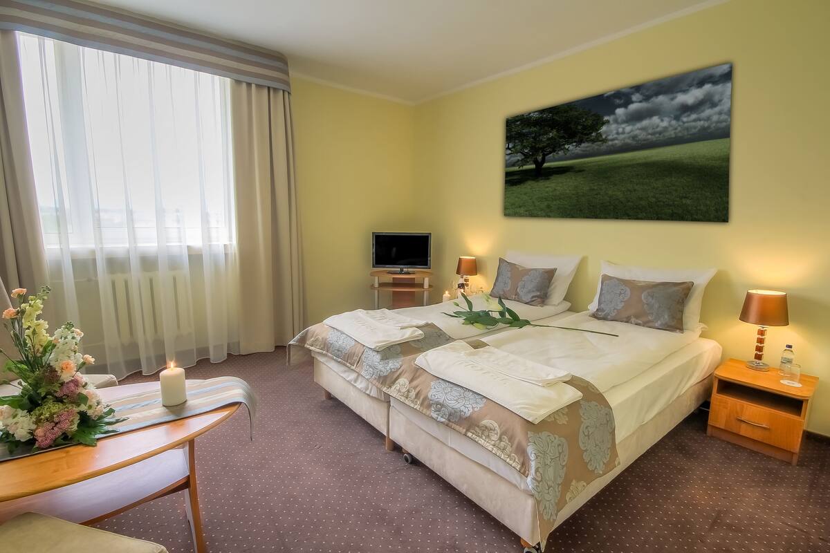 A hotel room with a large bed, a TV, a desk with a lamp, and a painting on the wall.