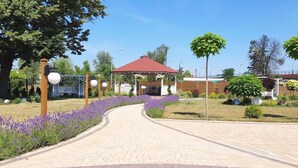 A paved pathway leading to a gazebo with a red roof, surrounded by lavender flowers and trees. - Confero (Nysa)