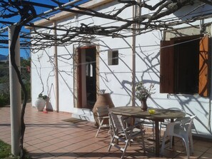 Une terrasse avec une table et des chaises, une plante en pot et un grand vase.