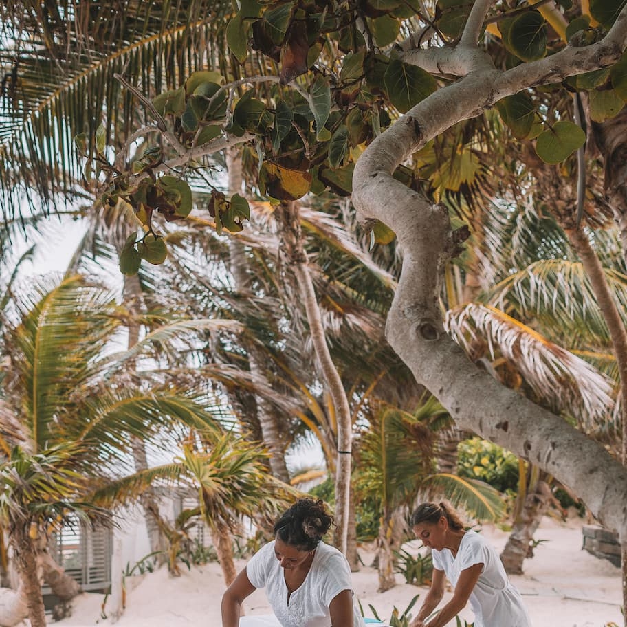 A massage therapy session on a beach with palm trees and a sandy environment.