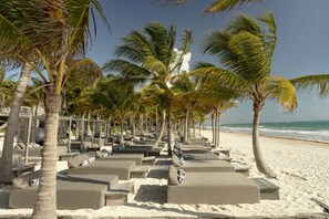 Accommodatie ligt op het strand, wit zand, gratis strandhuisjes