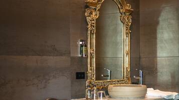 Shower, rainfall showerhead, designer toiletries, hair dryer