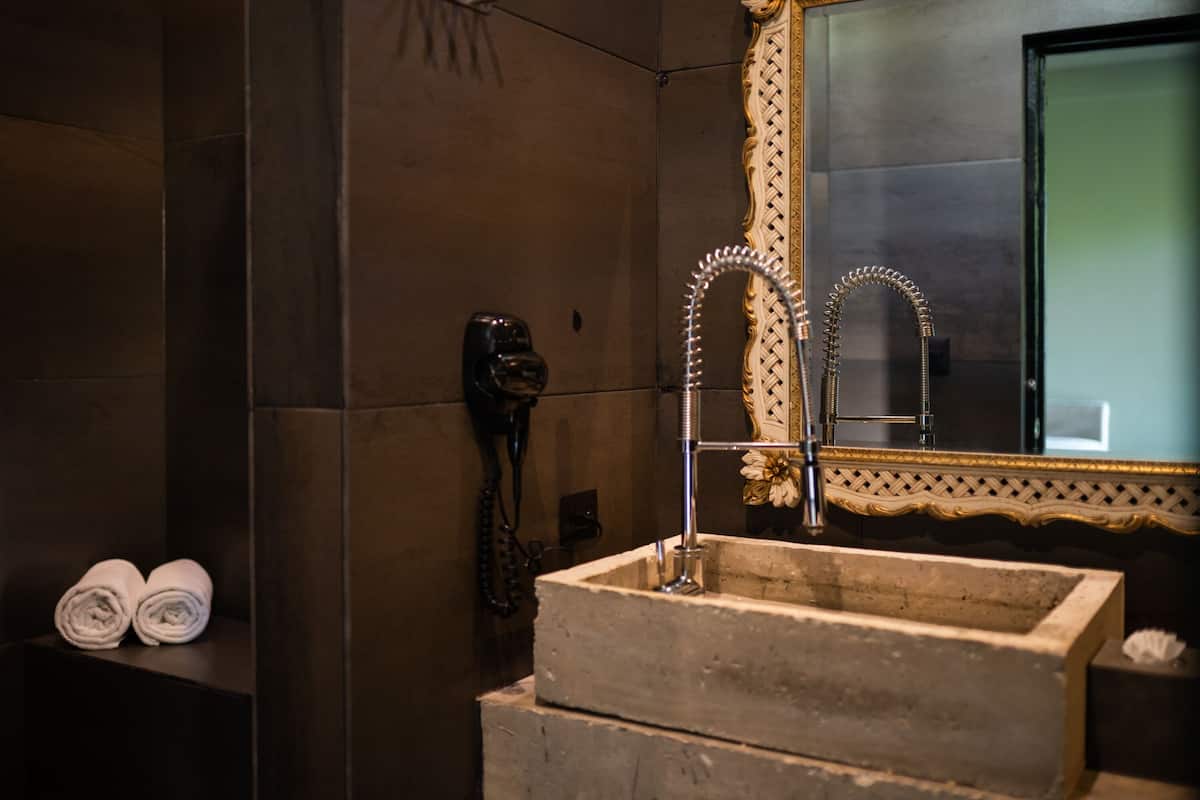 shower, rainfall showerhead, designer toiletries, hair dryer