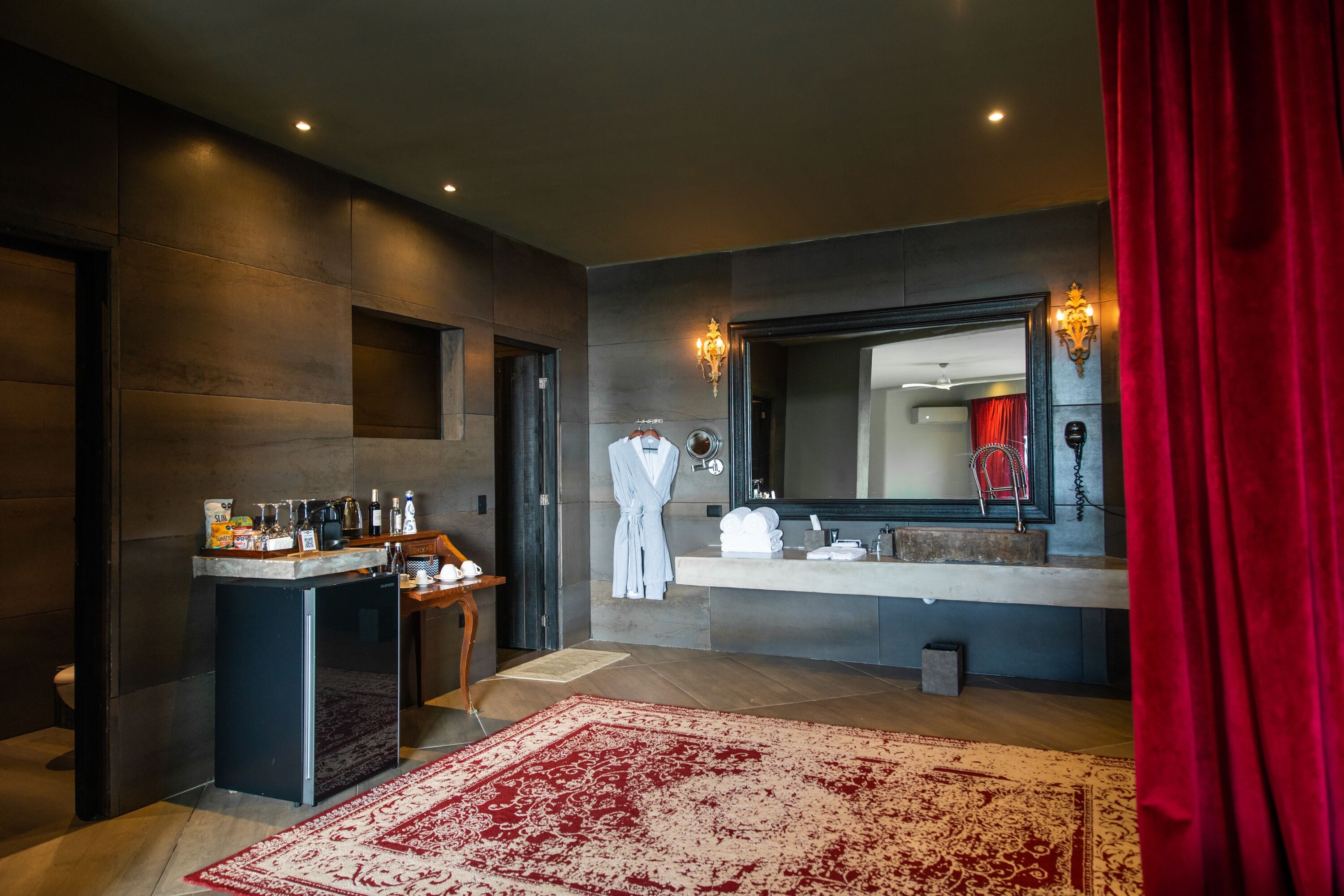 Shower, rainfall showerhead, designer toiletries, hair dryer