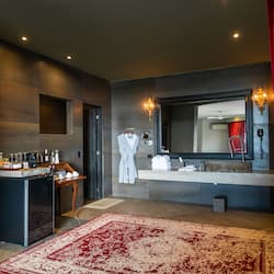 Shower, rainfall showerhead, designer toiletries, hair dryer