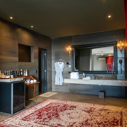 Shower, rainfall showerhead, designer toiletries, hair dryer