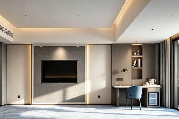 A modern room with a flat-screen TV mounted on the wall, a desk with a chair, and a small shelving unit with books and decorative items. - GRAND METROPARK GAOMI (Weifang)