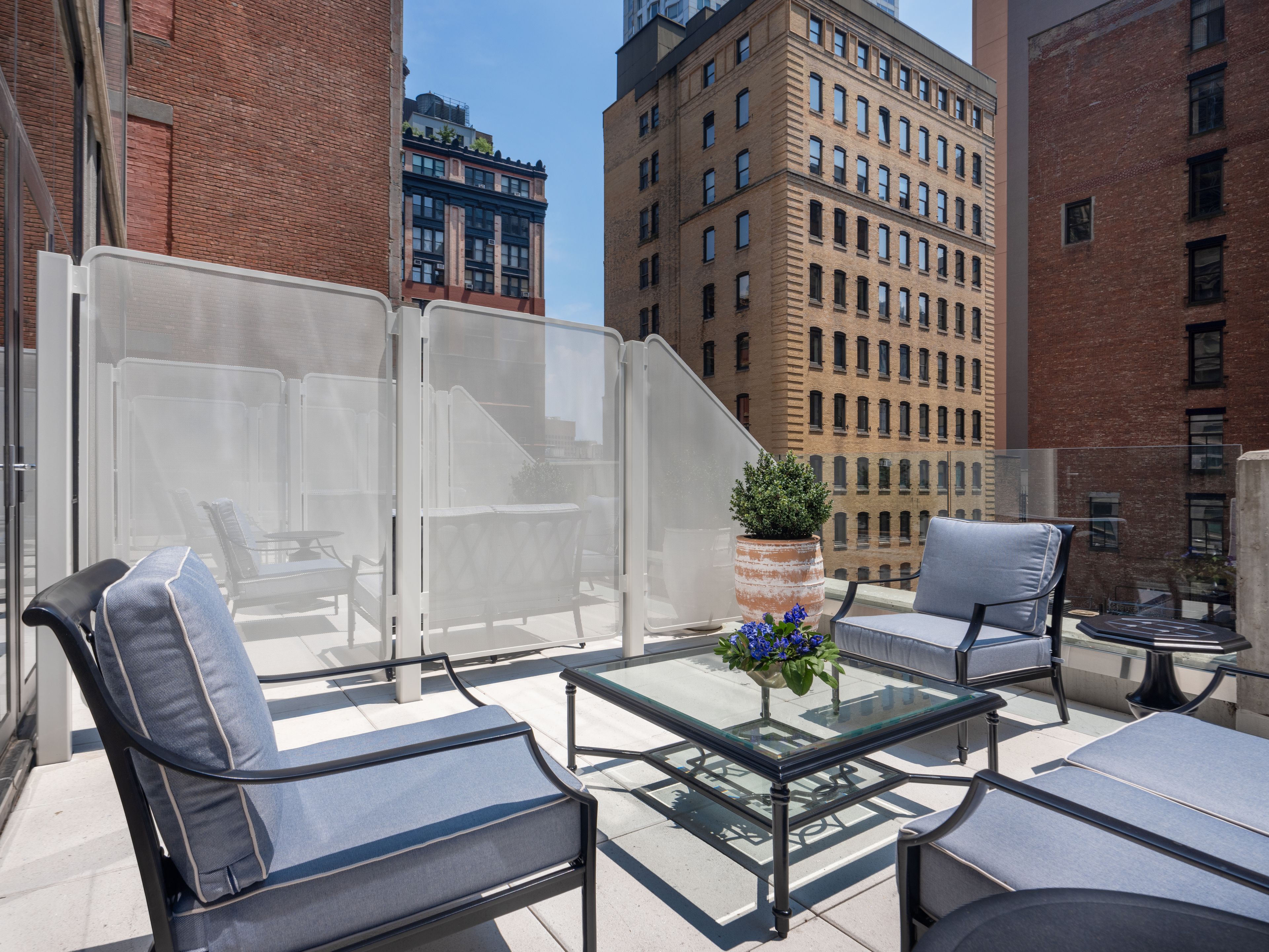 A rooftop terrace with outdoor seating, a glass table, and a potted plant.