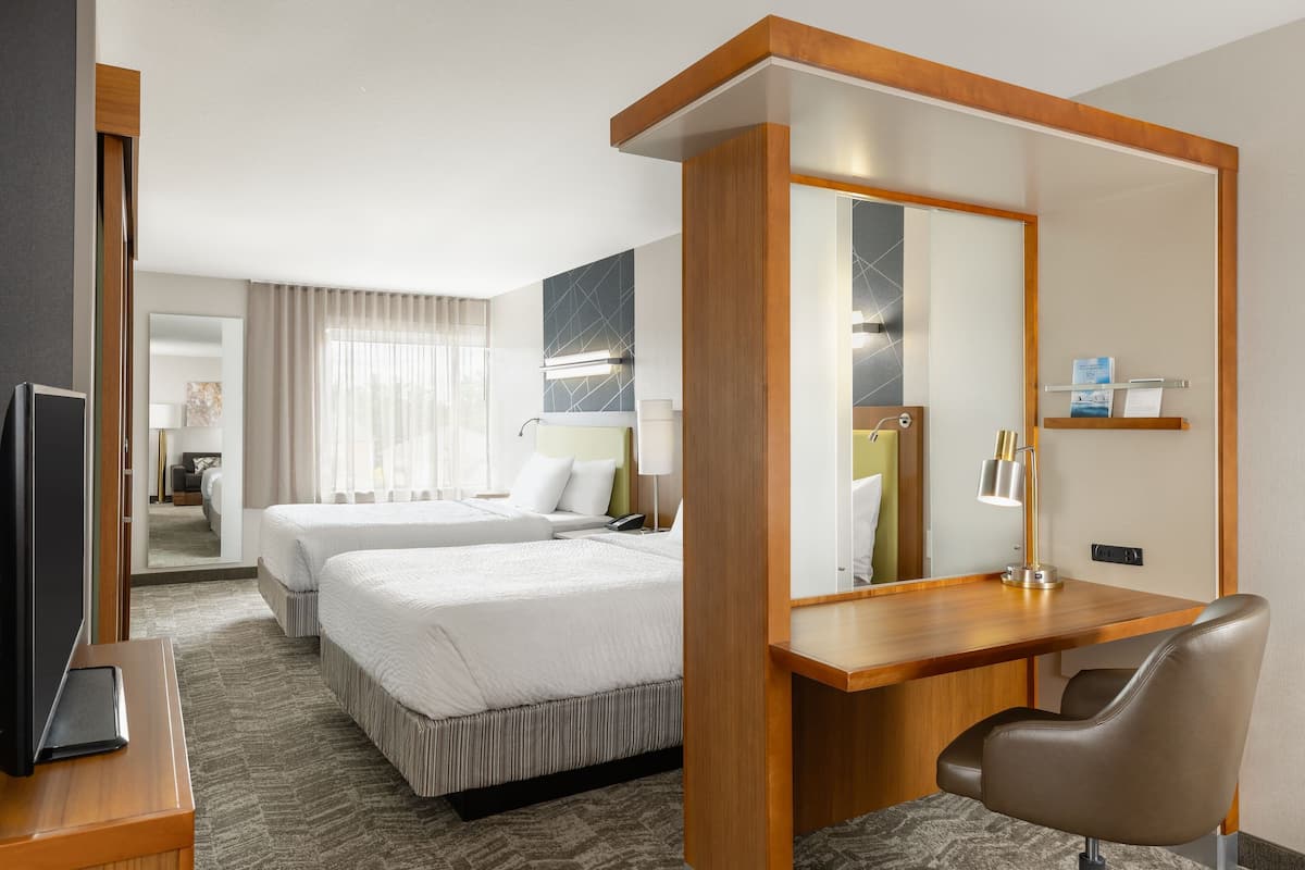 A hotel room with two beds, a desk, a chair, a television, and a large mirror.