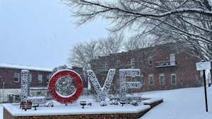 Zona nevada al aire libre con una gran escultura de la palabra 'LOVE' hecha con letras de metal, un muro de ladrillo y un edificio con ventanas al fondo.