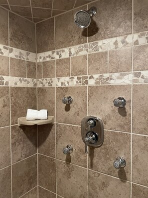 Douche, articles de toilette gratuits, sèche-cheveux, peignoirs