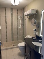 Shower, free toiletries, hair dryer, towels