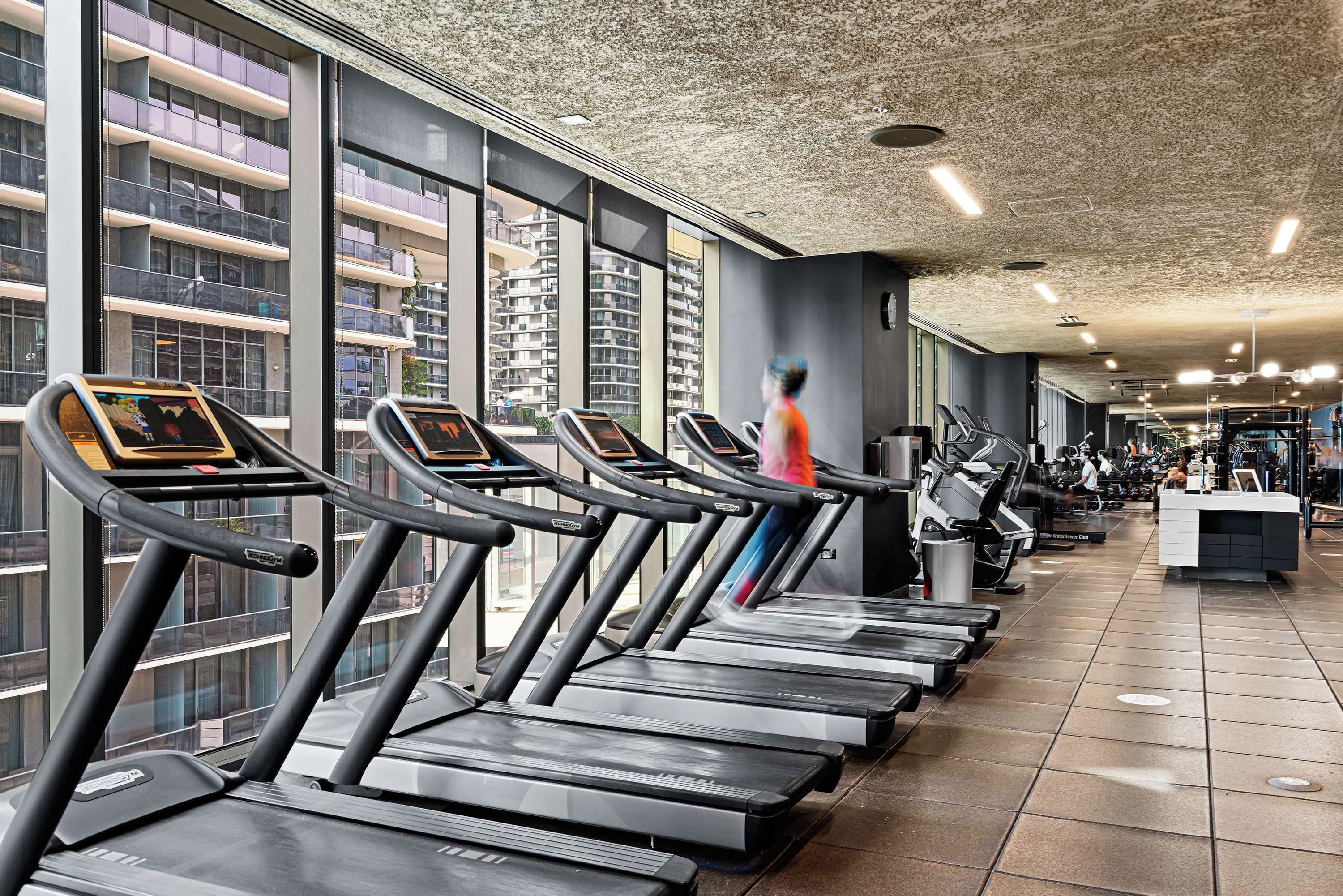 A gym with multiple treadmills aligned against a wall with large windows.