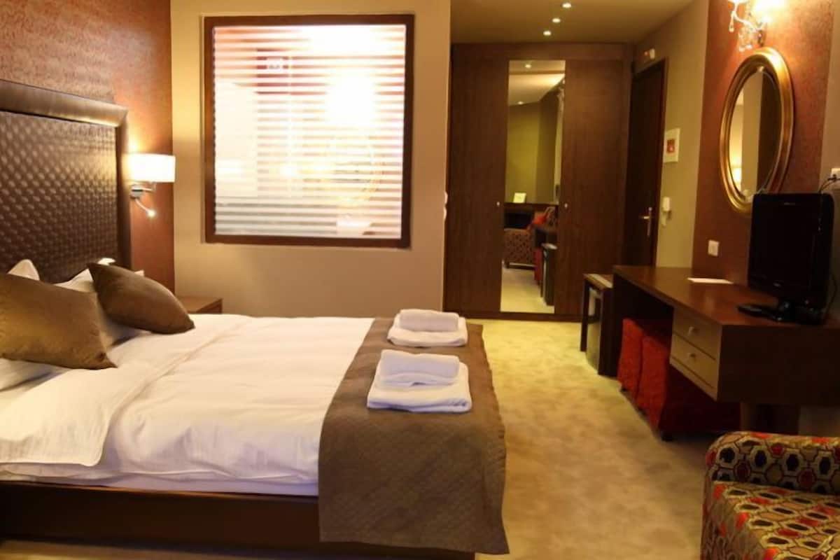 Une chambre d’hôtel équipée d’un lit, d’un bureau, d’une chaise, d’un miroir et d’une fenêtre avec des stores.