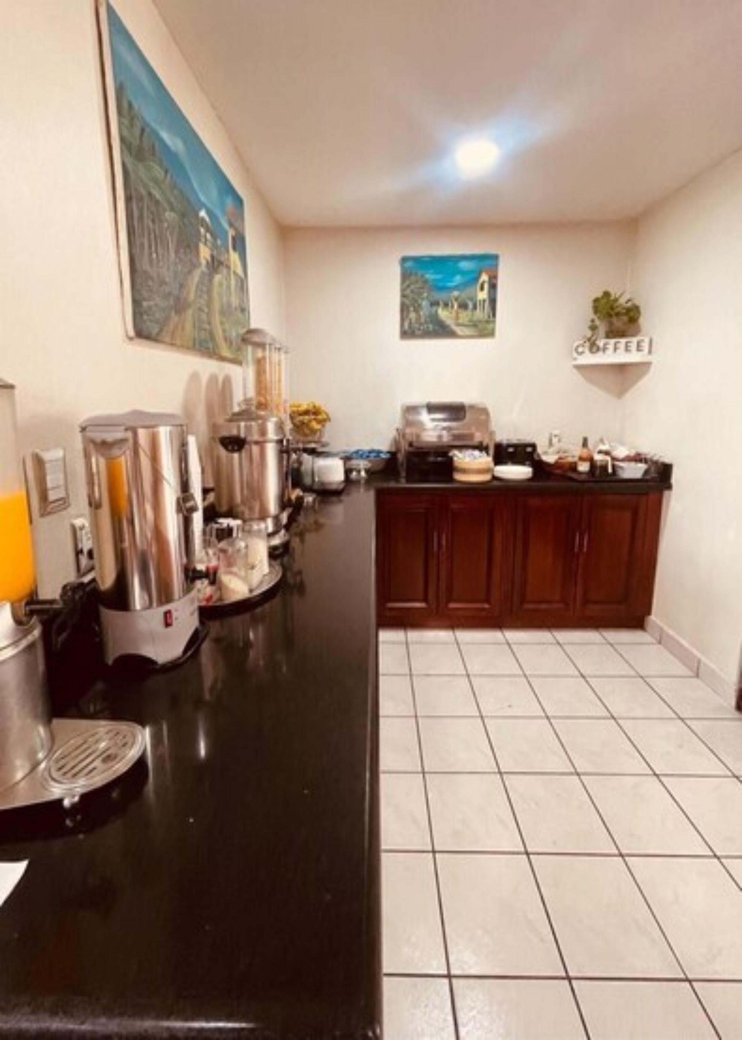 A kitchen with a coffee station, including a coffee machine, a kettle, and a fruit bowl.
