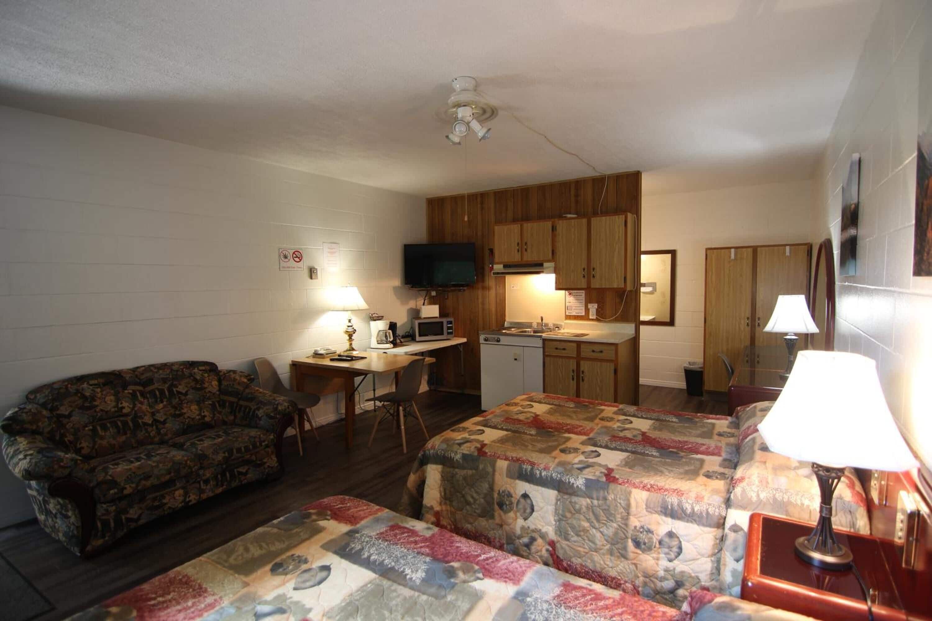 A compact room with a kitchenette, a sofa, a bed, and a desk with a television.