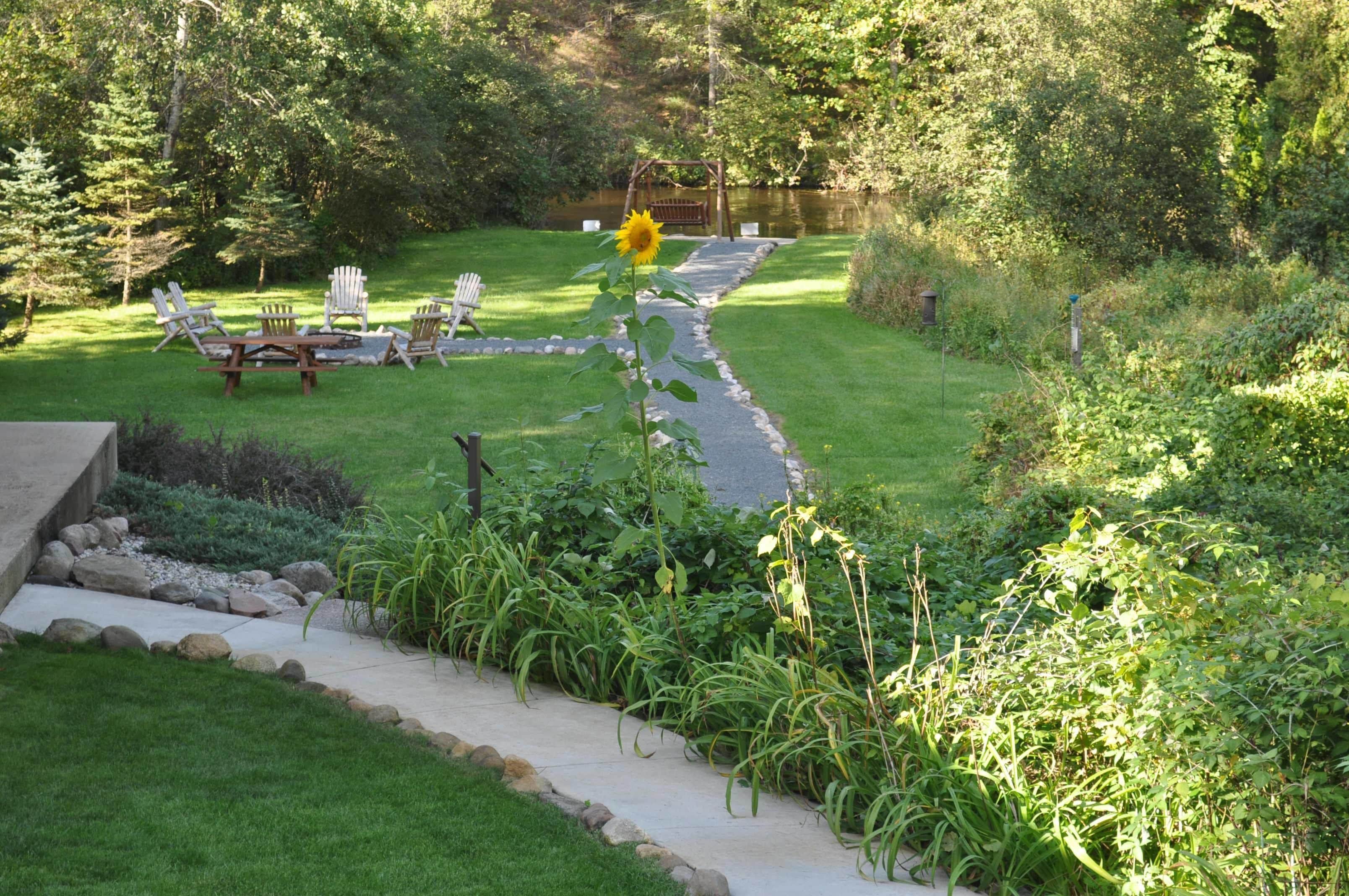 A garden with a wooden table and chairs, a path, and a pond.