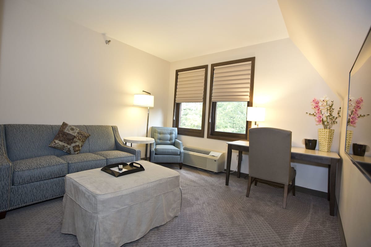 Habitación de hotel con sofá, sillón, escritorio y una pequeña mesa.
