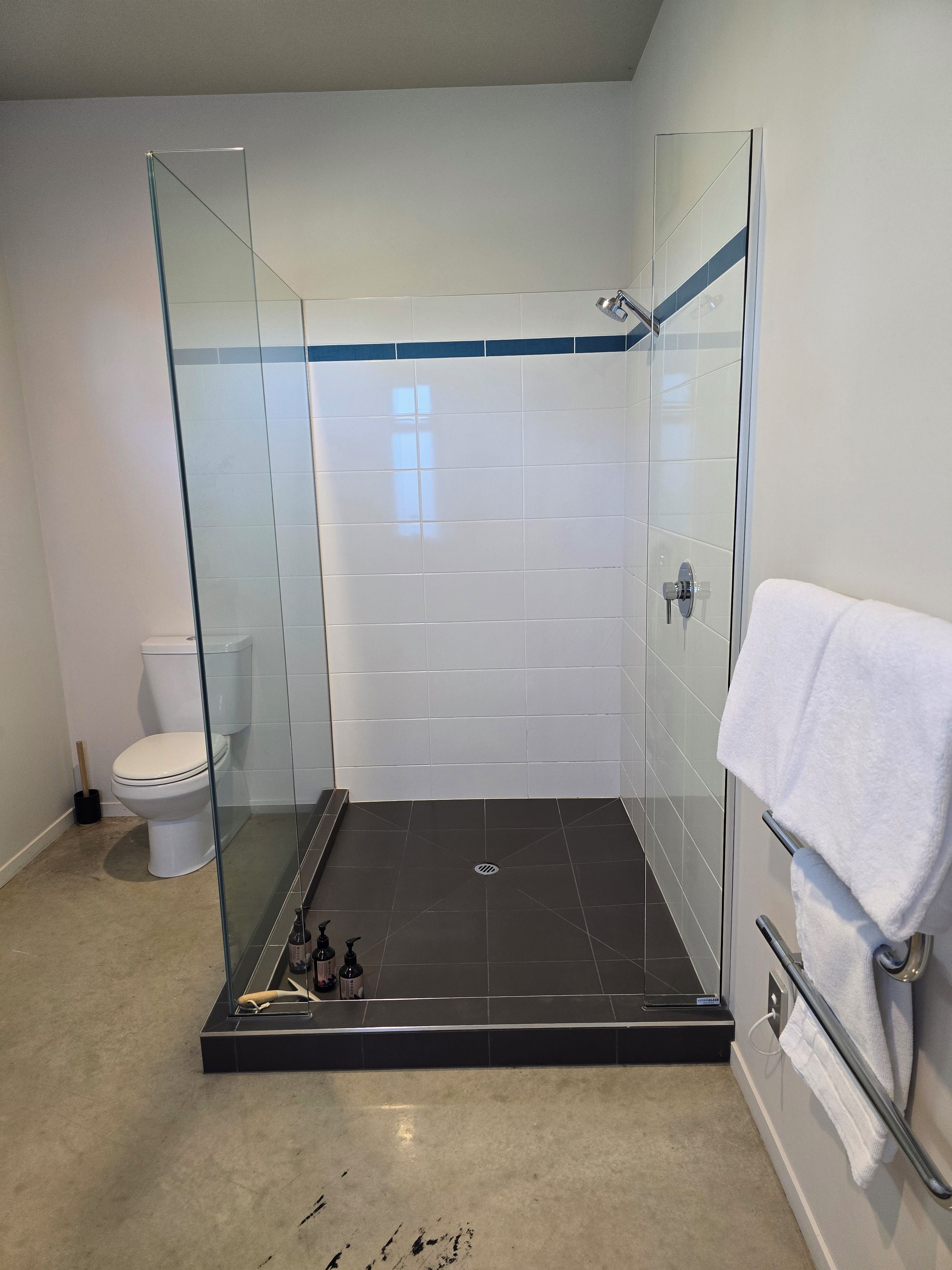 A modern bathroom with a glass-enclosed shower, a toilet, and a towel rack.
