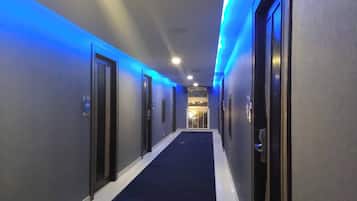 Guest rooms lead to a bright corridor with a carpeted floor and glass door entrance.