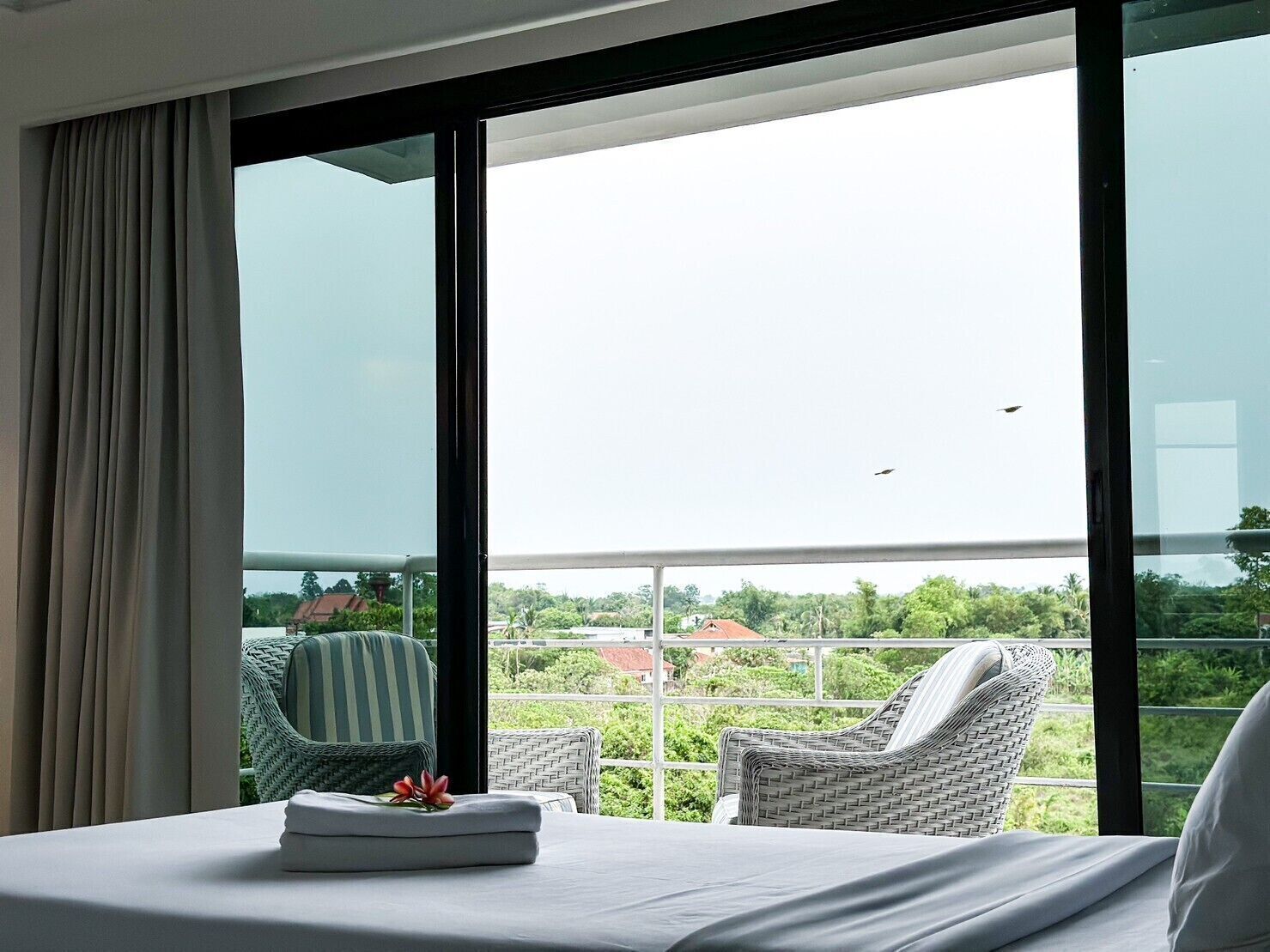 Desk, laptop workspace, blackout drapes, rollaway beds