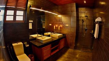 A modern bathroom with a large mirror, two sinks, a toilet, and a shower area.