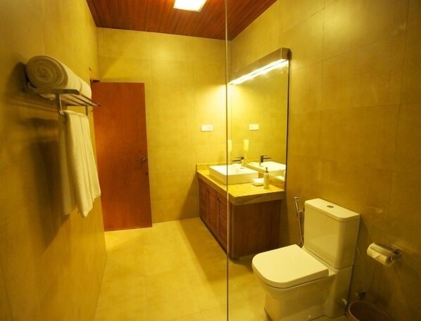 Une salle de bain avec des toilettes, un lavabo et un miroir.