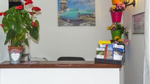 Una recepción con una planta en maceta, un cuadro de un coche, una maceta en la pared y un expositor de folletos.