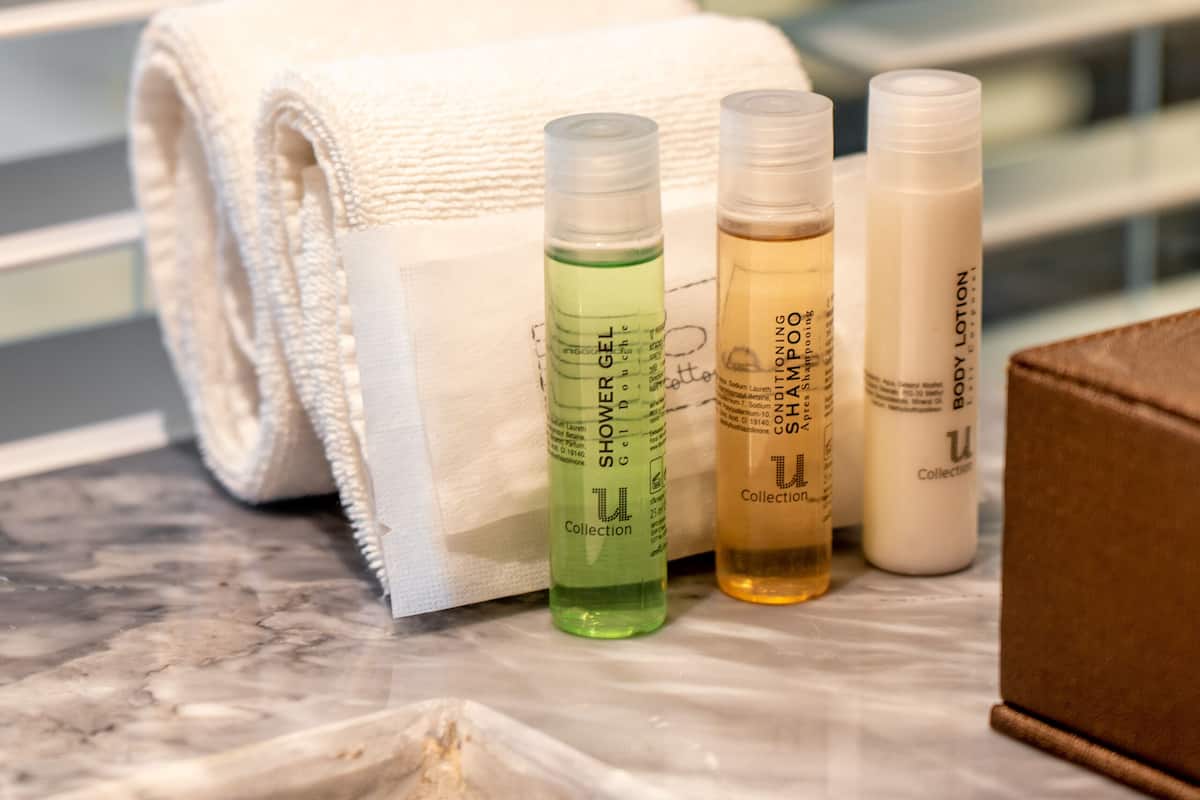 combined shower/bathtub, free toiletries, hair dryer, bathrobes