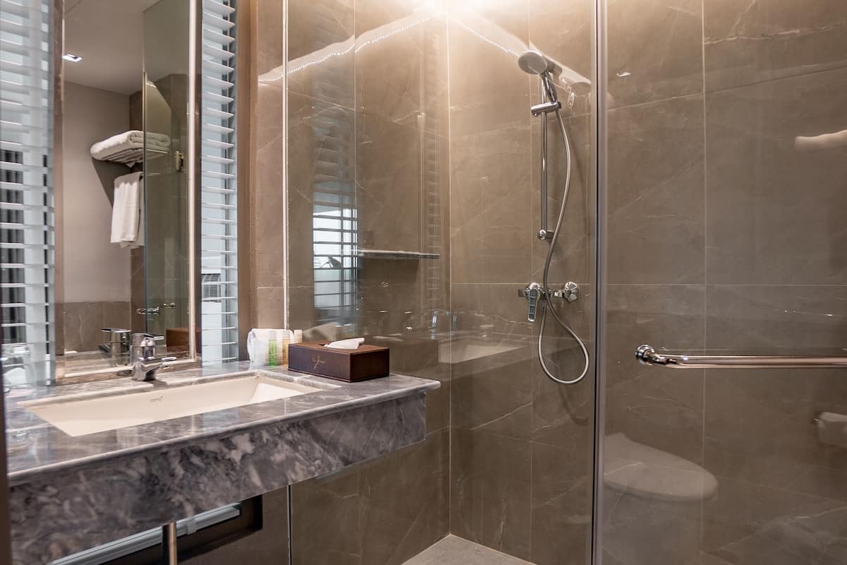 combined shower/bathtub, free toiletries, hair dryer, bathrobes