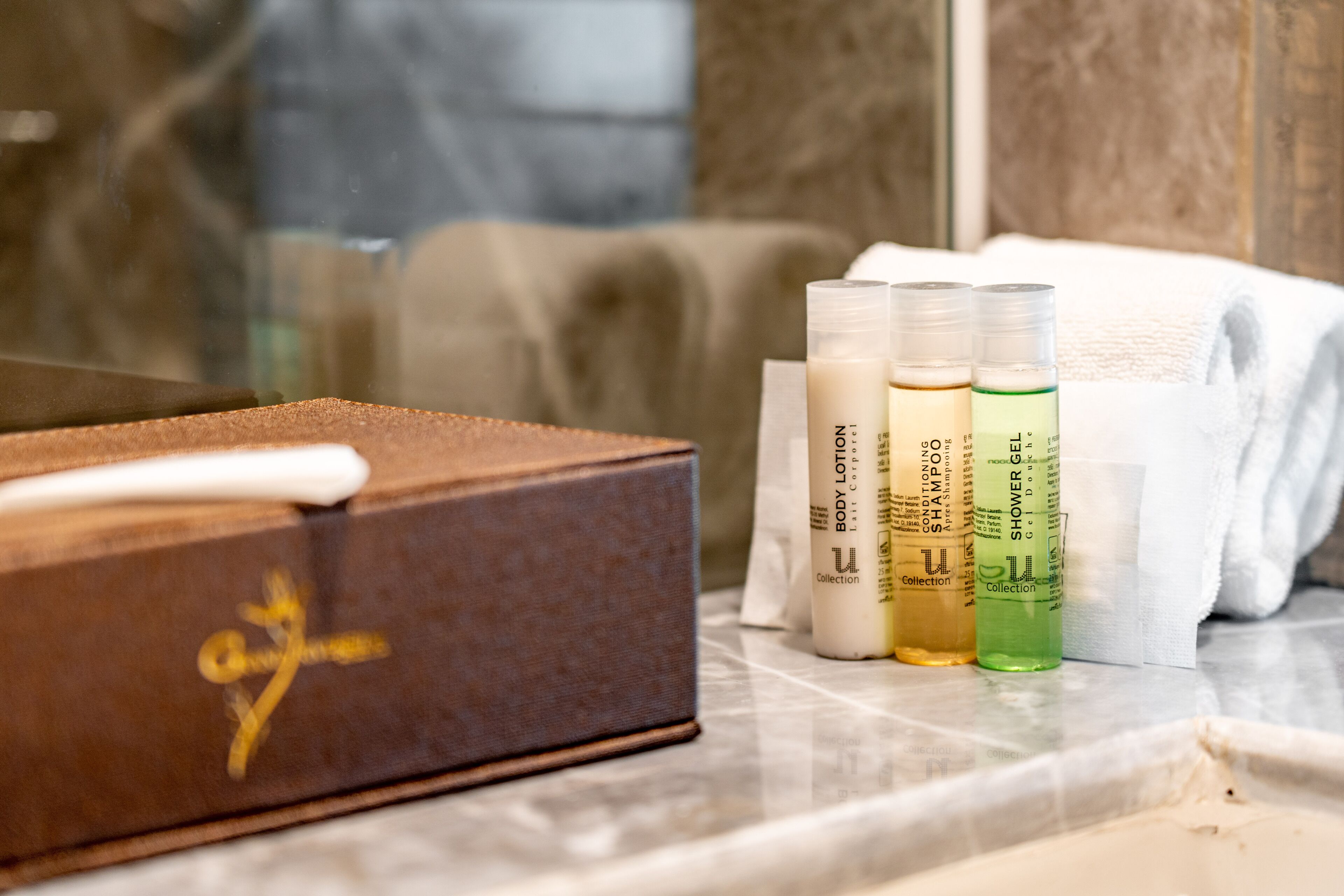 combined shower/bathtub, free toiletries, hair dryer, bathrobes