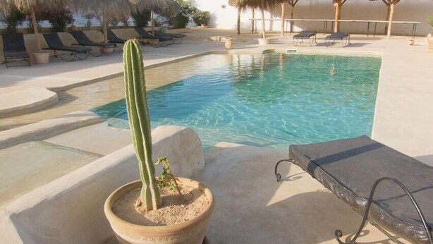 A pool area with lounge chairs, a cactus in a pot, and thatched umbrellas. - Menzelcaja (Aghir)