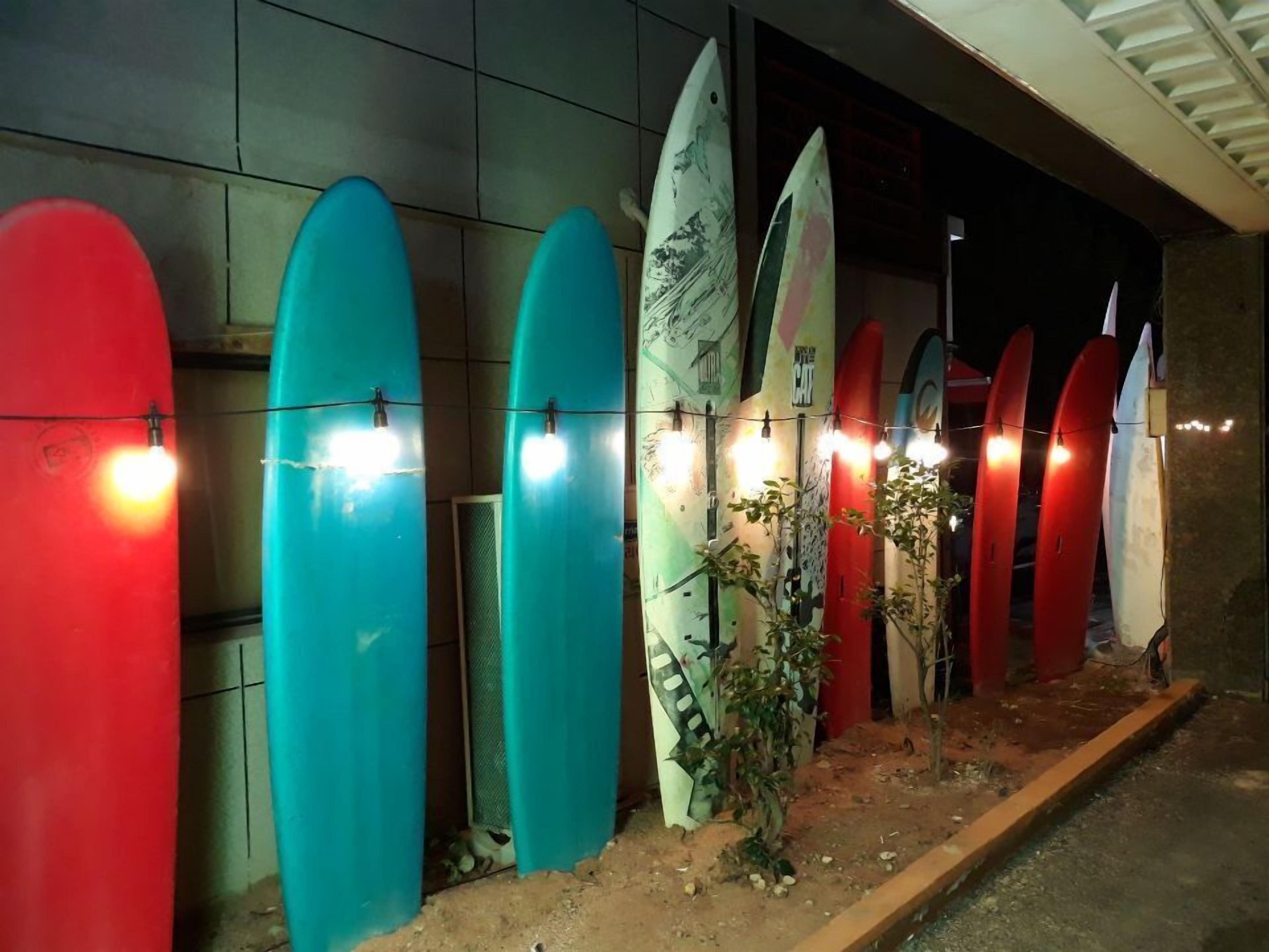 A row of surfboards leaning against a wall, each illuminated by a string of lights.