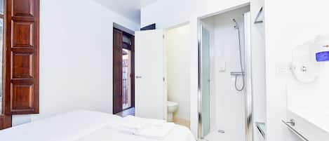 A hotel room with a bed, a shower, a toilet, and a wooden door.