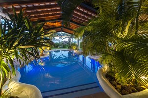 Indoor pool, outdoor pool, pool umbrellas, sun loungers