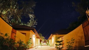Vista nocturna de un pasillo con edificios de dos pisos, rodeado de árboles e iluminado con luz ambiental.