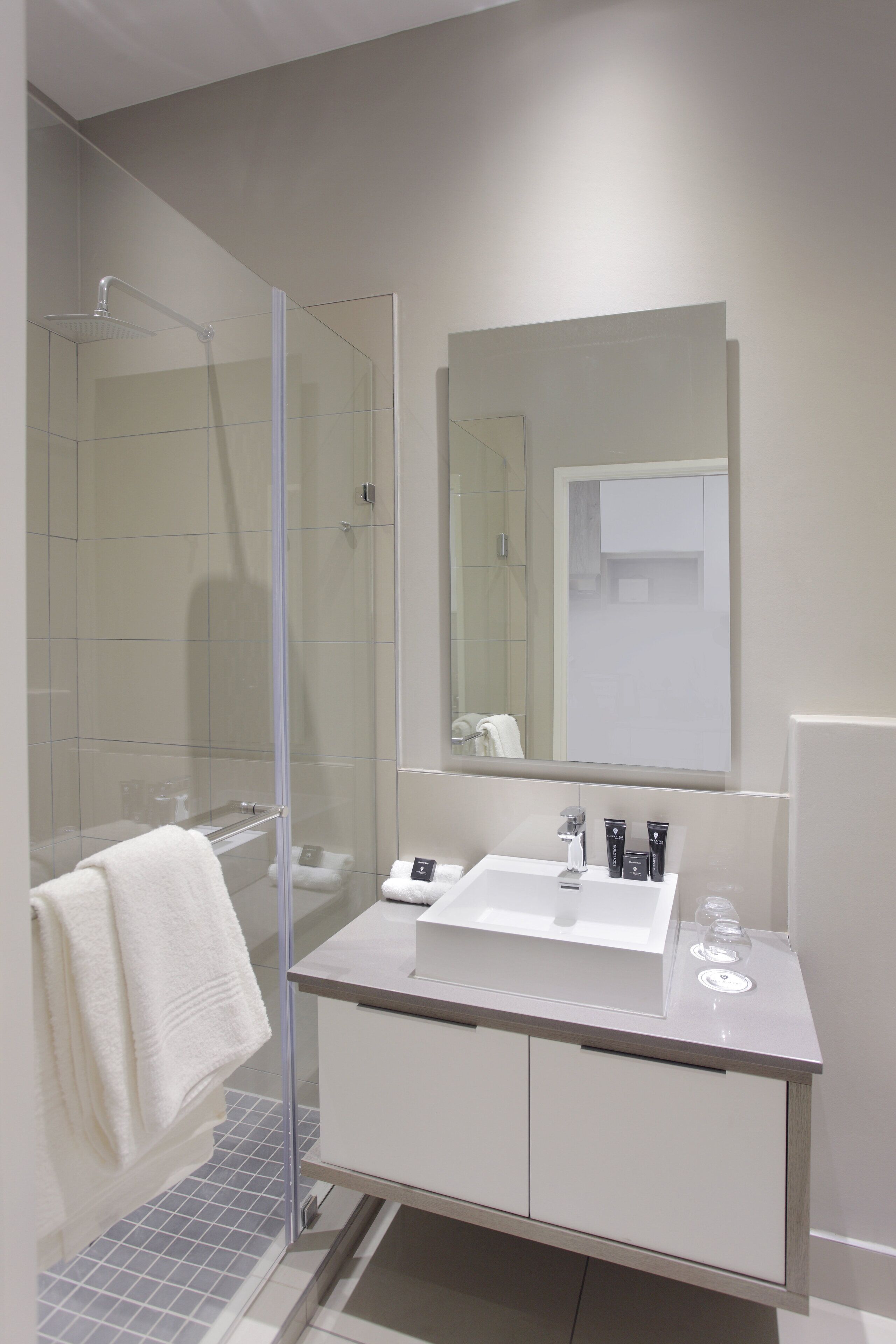A modern bathroom with a glass shower enclosure, a white sink, and a large mirror above the vanity.