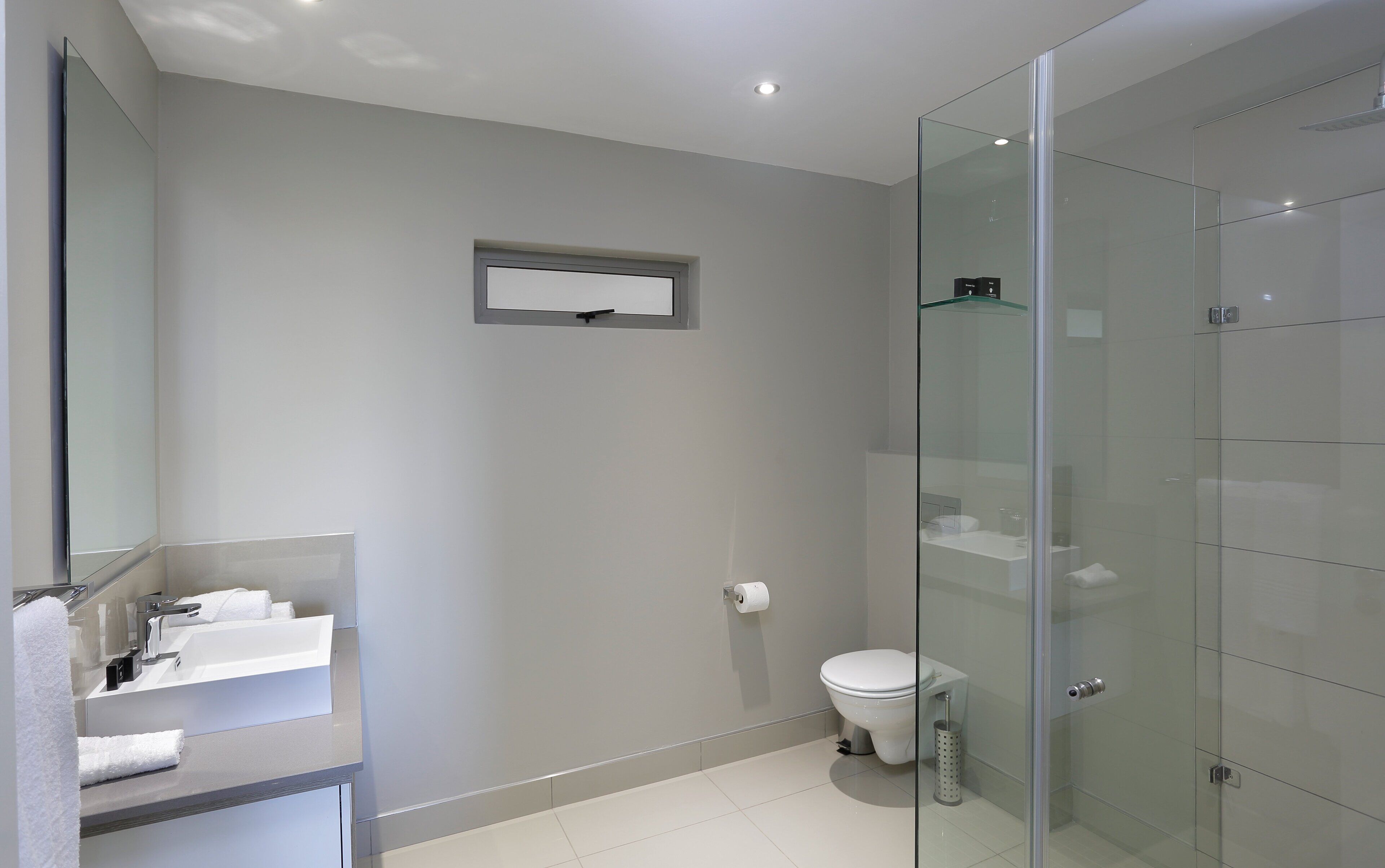 A modern bathroom with a glass shower enclosure, a toilet, and a sink with a mirror above it.