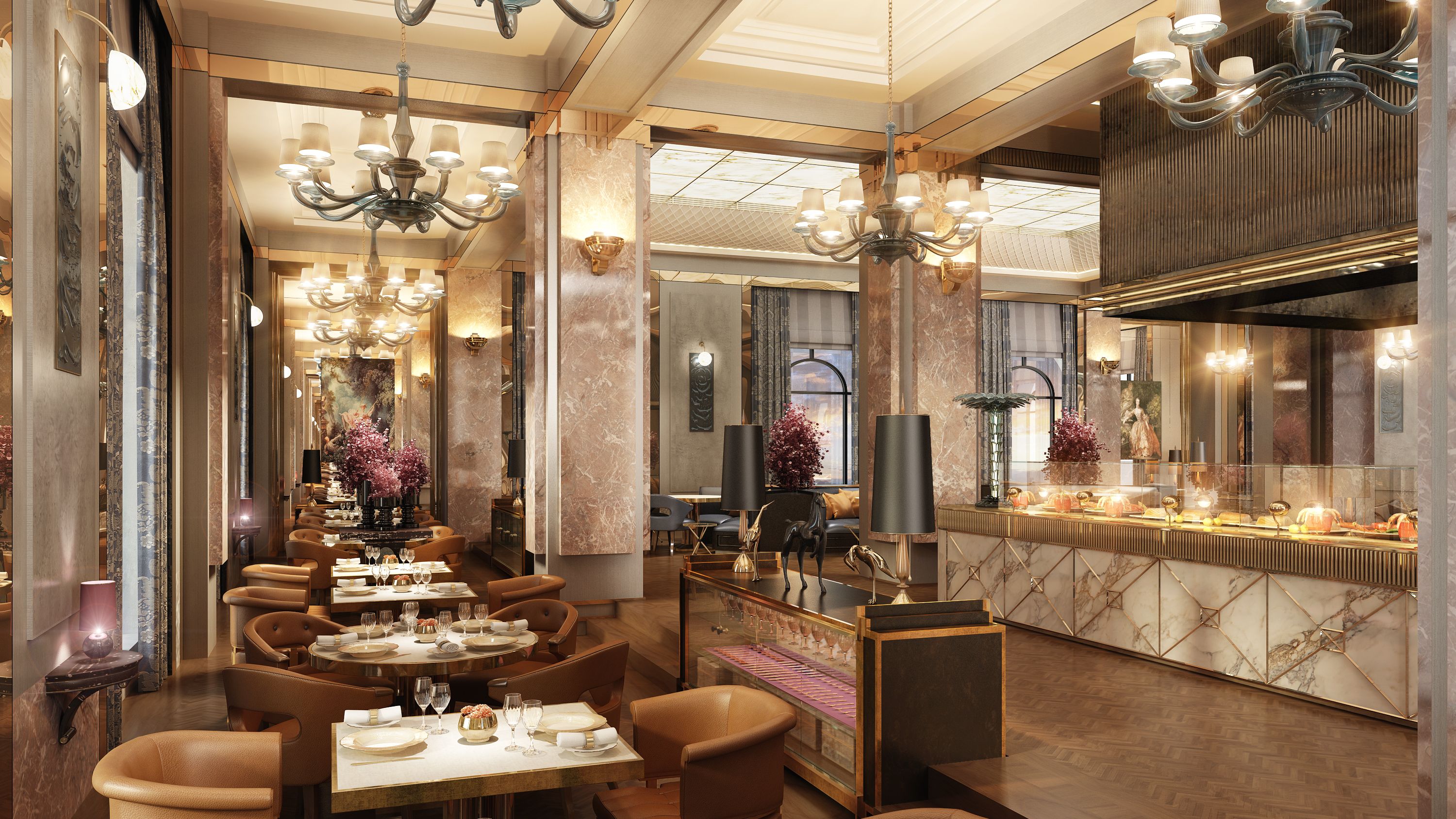 A luxurious dining area with multiple tables, elegant chandeliers, and a marble bar.