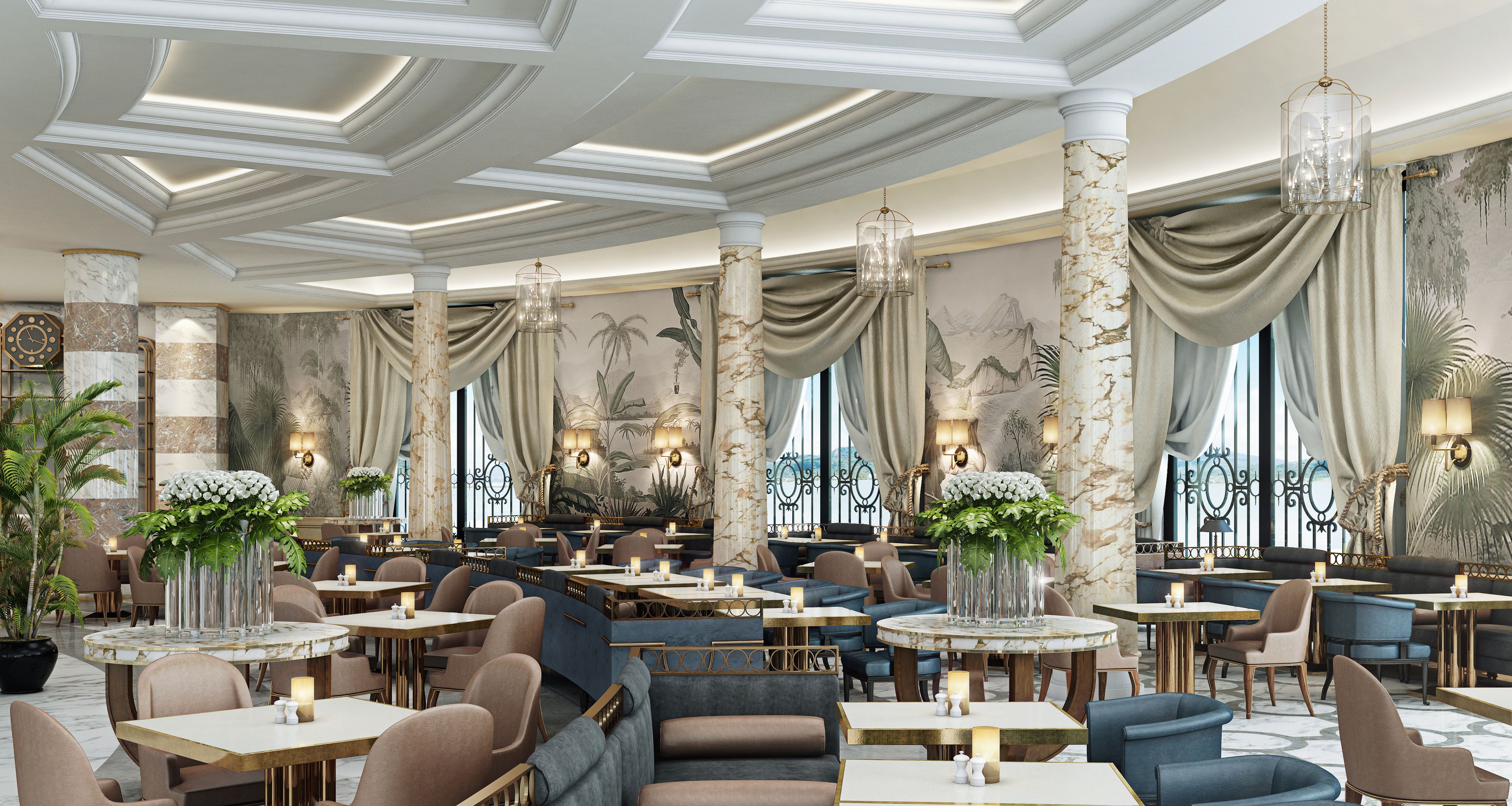 A spacious hotel lobby with high ceilings, marble columns, and elegant drapery.