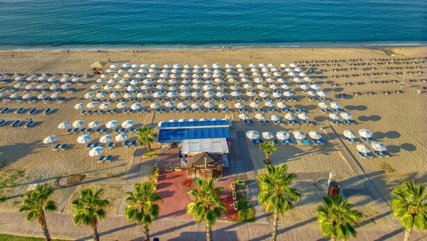 An aerial view of a beach with rows of sunbeds and umbrellas, a central building, and palm trees. - Hatipoglu Beach Hotel (Alanya)