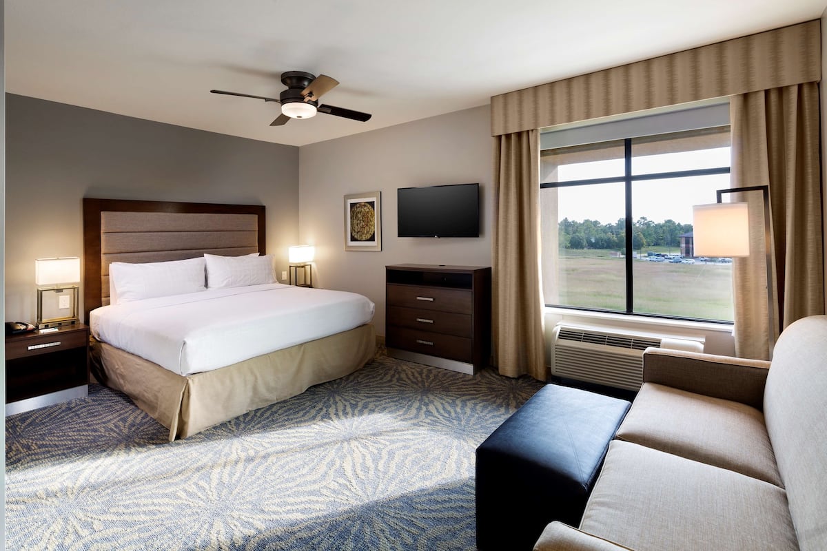 Habitación de hotel con una cama grande, un televisor de pantalla plana, ventilador de techo, escritorio con lámpara, una silla y vista a un estacionamiento a través de la ventana.