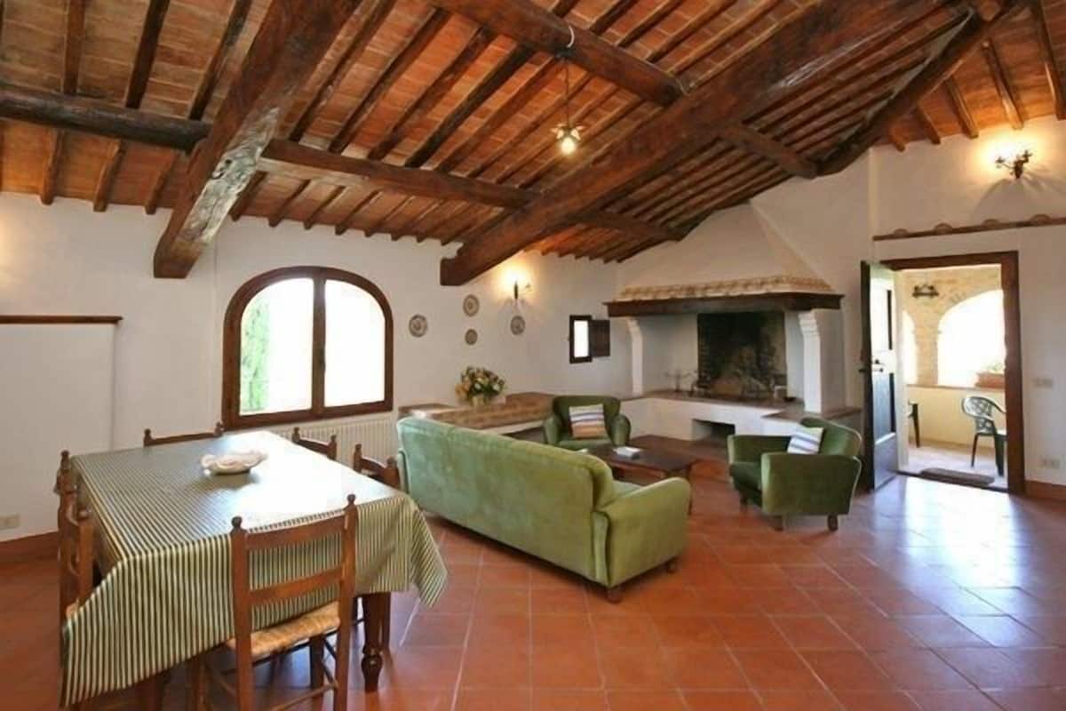 Uma sala de estar ampla com teto de madeira alto, lareira, mesa de jantar com cadeiras e sofá verde.