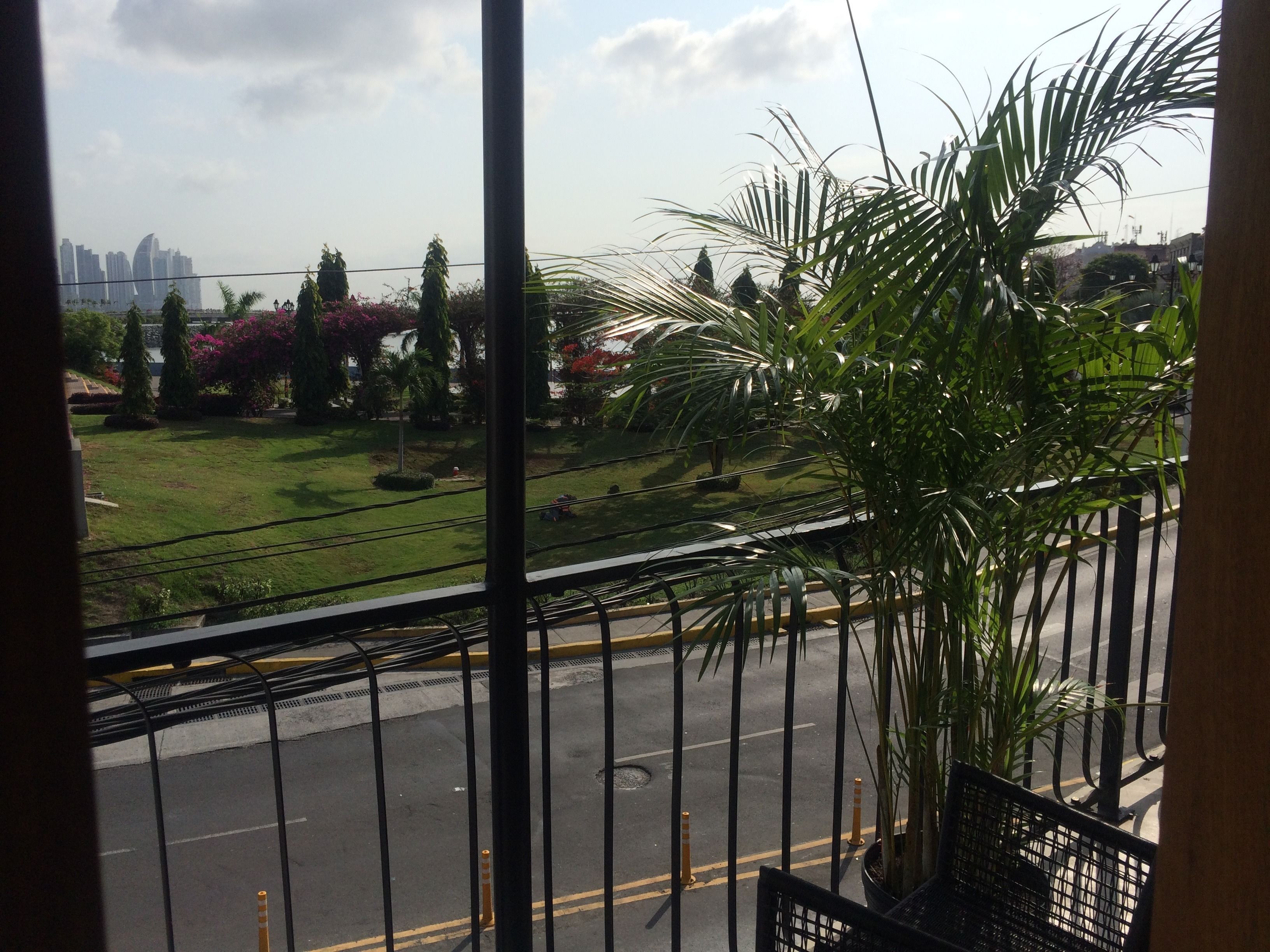 A balcony with a view of a cityscape, a grassy area with trees, and a street with a fence.